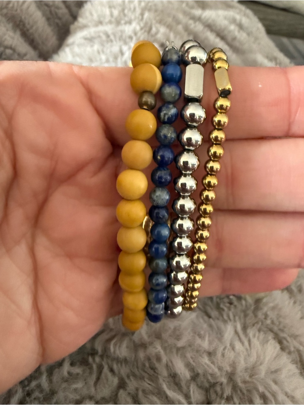 Stackable Beaded Bracelet Set - Mustard Yellow, Navy Blue & Mixed Metallics